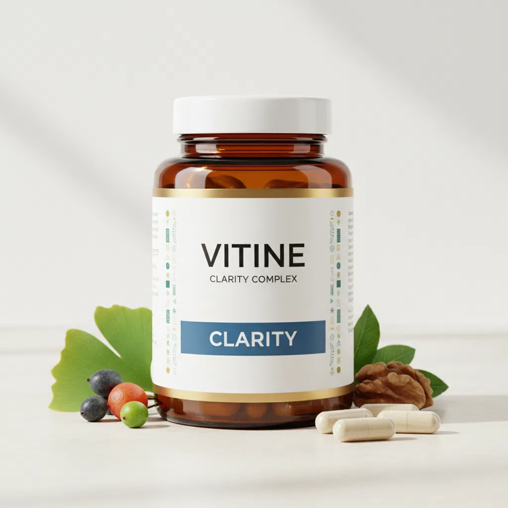Vitine Clarity Complex -ravintolisäpurkki, jossa keltainen etiketti ja musta kansi